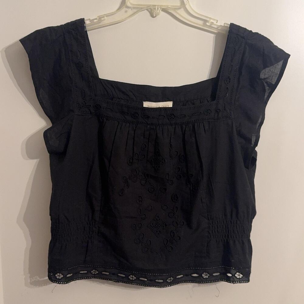Jennifer & Grace Blouse Sz L Black Embroidered Eyelet Square Neck Boho Top Beach